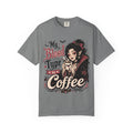 A gray short-sleeve crewneck t-shirt featuring a gothic-style graphic print of a vampire woman and the text 'My Blood Type is Coffee' in stylized red and beige lettering.
