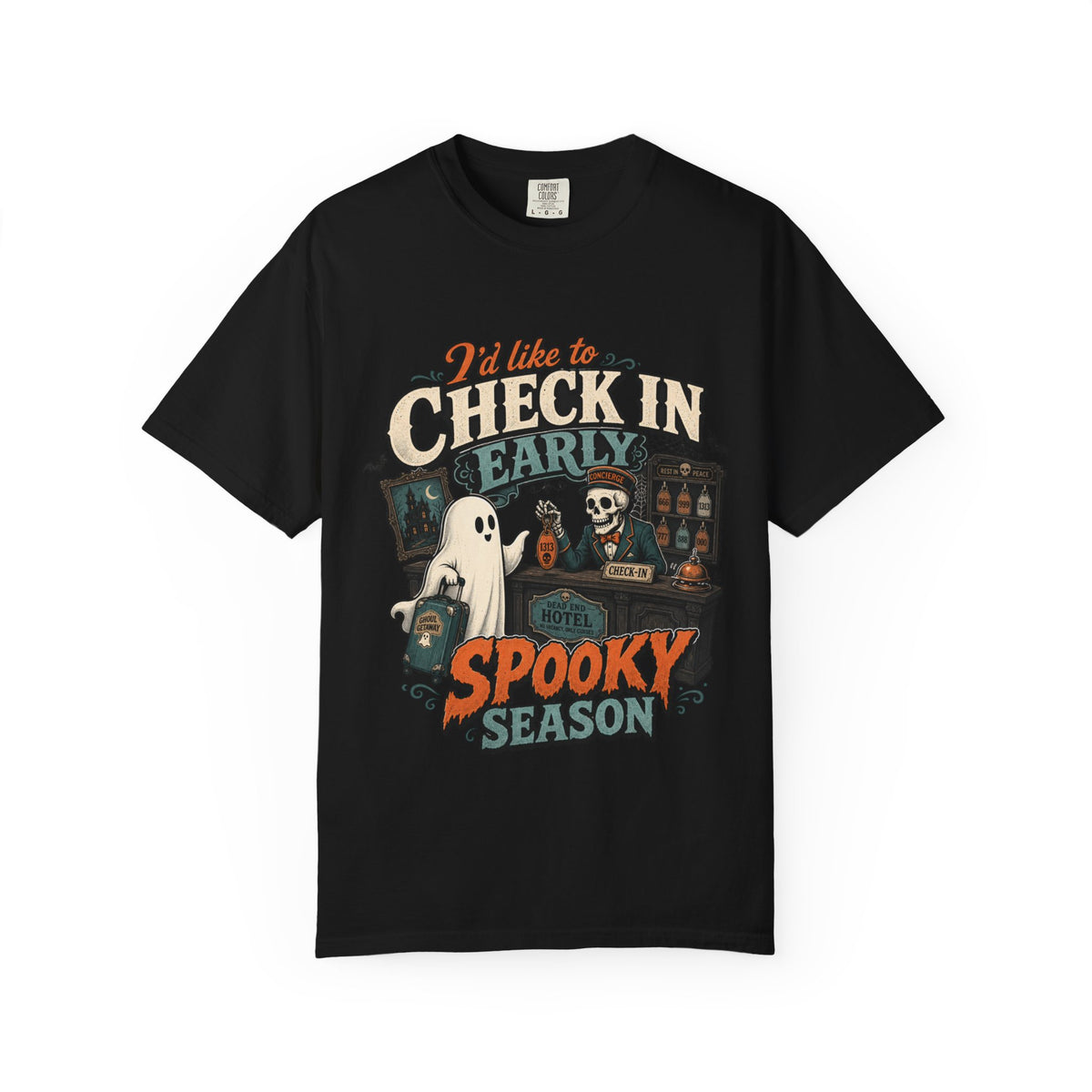 A black short-sleeve crewneck t-shirt featuring a colorful graphic print on the front with the text 'I'd like to CHECK IN EARLY SPOOKY SEASON' and illustrations of a skeleton concierge, a ghost, and a haunted house.