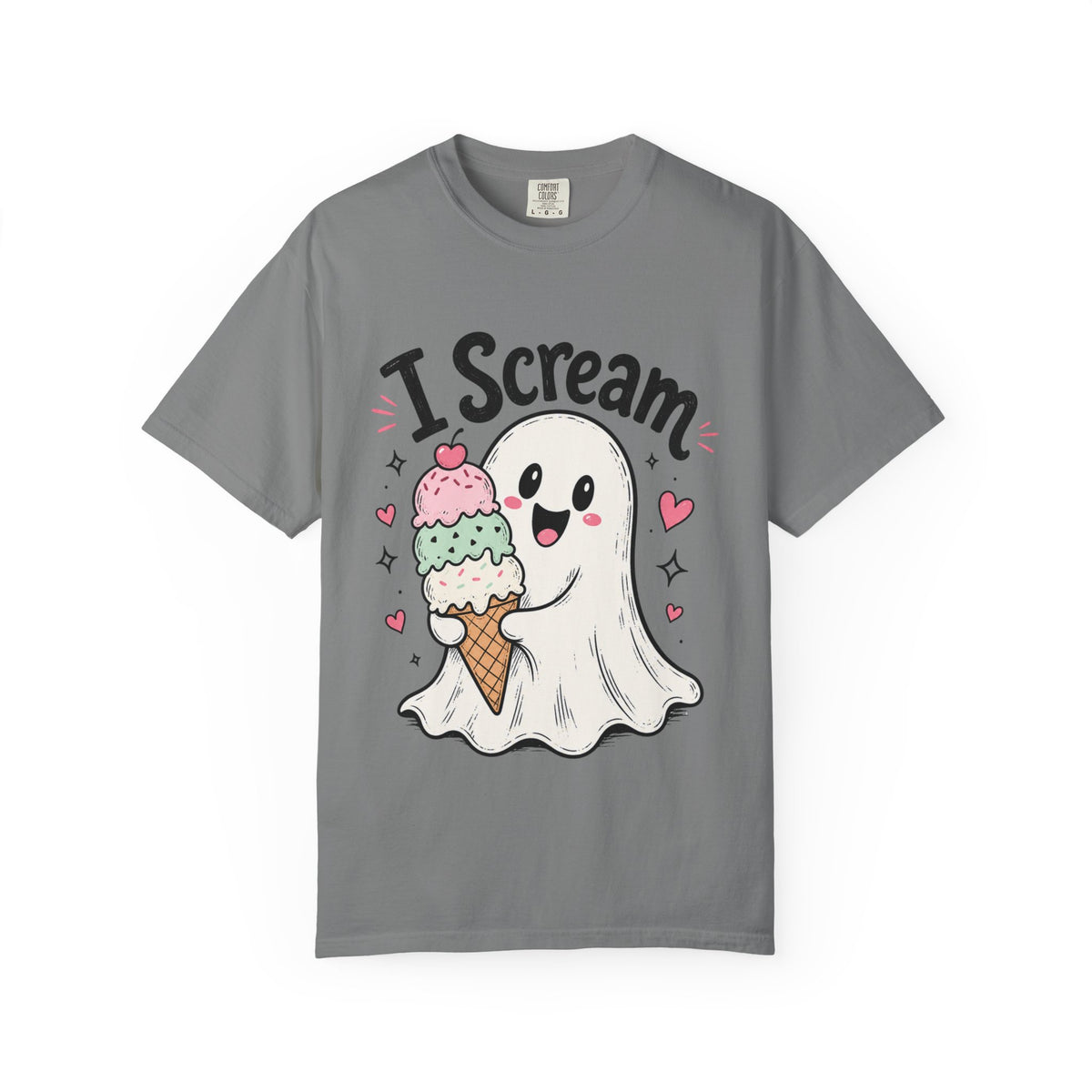 A dark gray short-sleeve crewneck t-shirt featuring a cute graphic of a ghost holding an ice cream cone with three colorful scoops of ice cream and black text that reads "I-Scream".