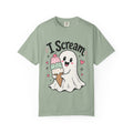 A green short-sleeve crewneck t-shirt featuring a cute graphic of a ghost holding an ice cream cone with three colorful scoops of ice cream and black text that reads "I-Scream".
