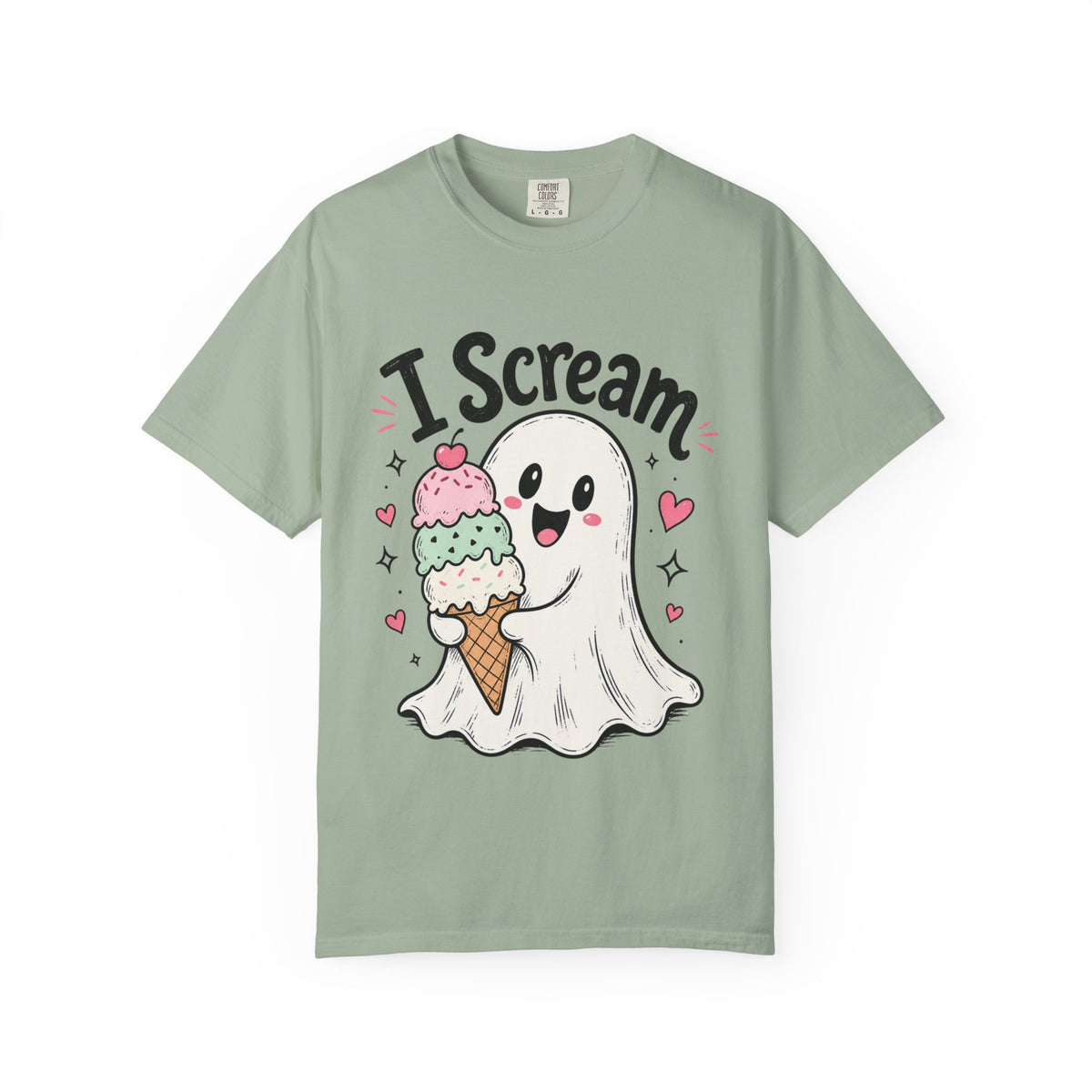 A green short-sleeve crewneck t-shirt featuring a cute graphic of a ghost holding an ice cream cone with three colorful scoops of ice cream and black text that reads "I-Scream".