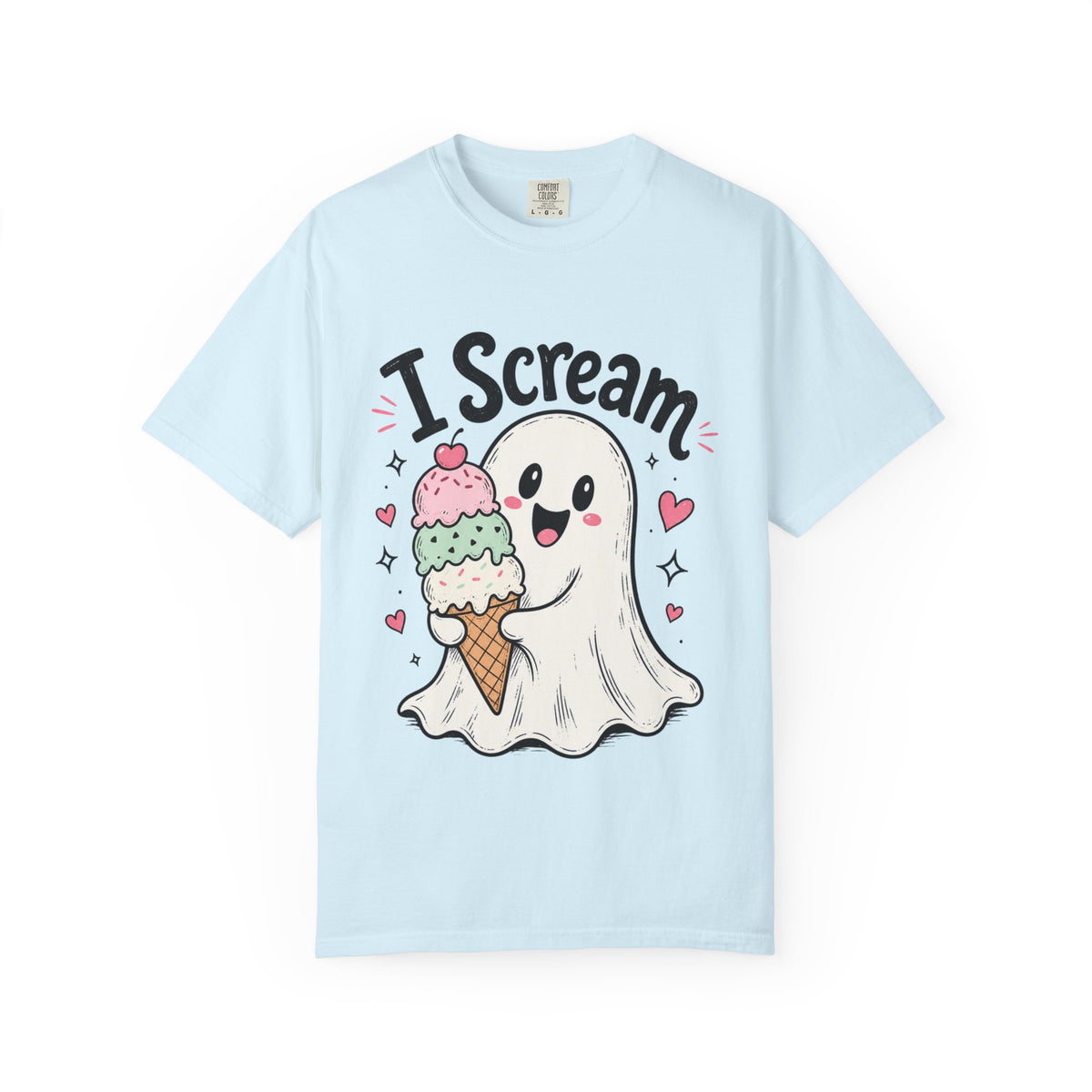 A light blue short-sleeve crewneck t-shirt featuring a cute graphic of a ghost holding an ice cream cone with three colorful scoops of ice cream and black text that reads "I-Scream".