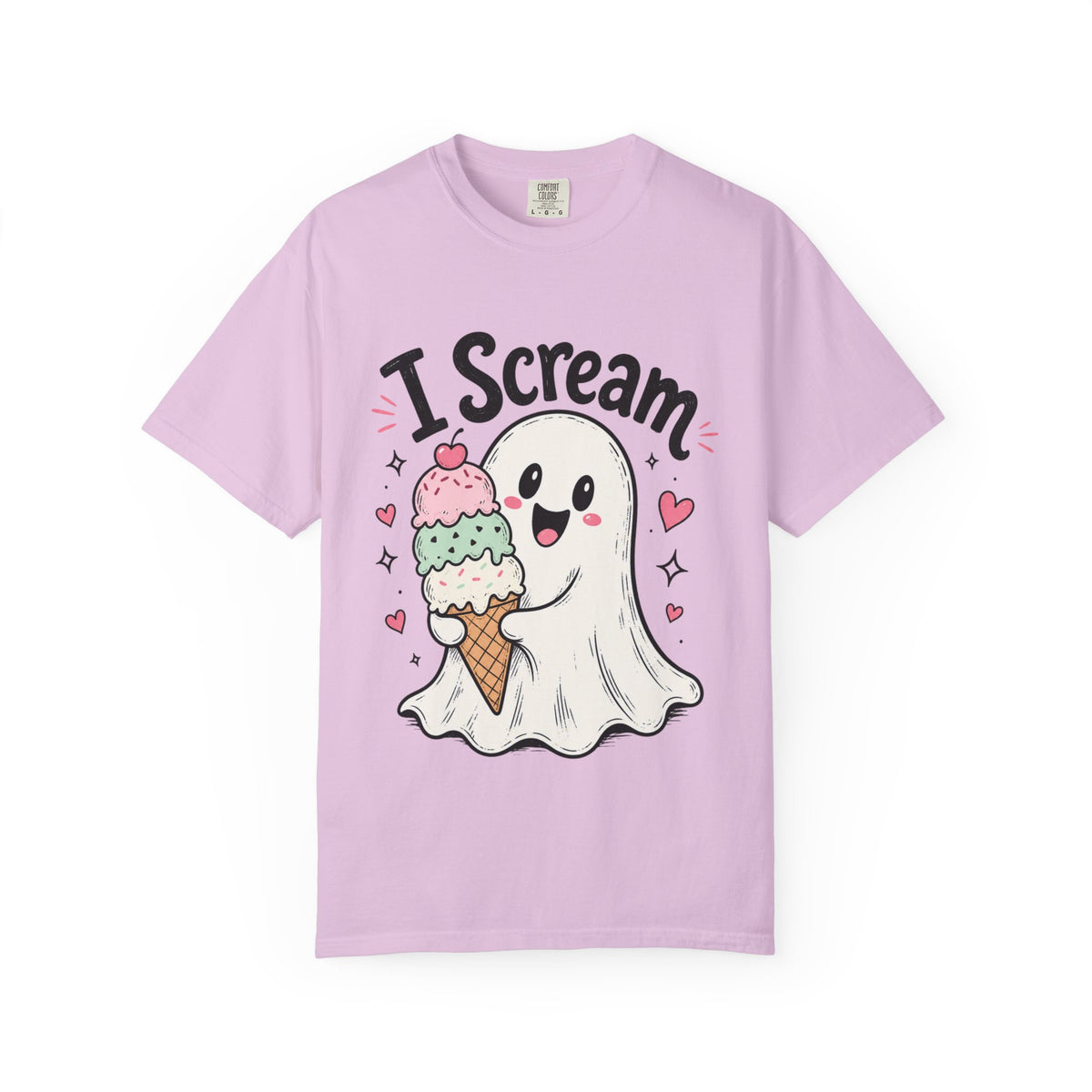 A light purple short-sleeve crewneck t-shirt featuring a cute graphic of a ghost holding an ice cream cone with three colorful scoops of ice cream and black text that reads "I-Scream".