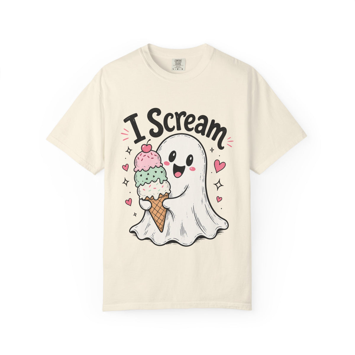An off-white short-sleeve crewneck t-shirt featuring a cute graphic of a ghost holding an ice cream cone with three colorful scoops of ice cream and black text that reads "I-Scream".