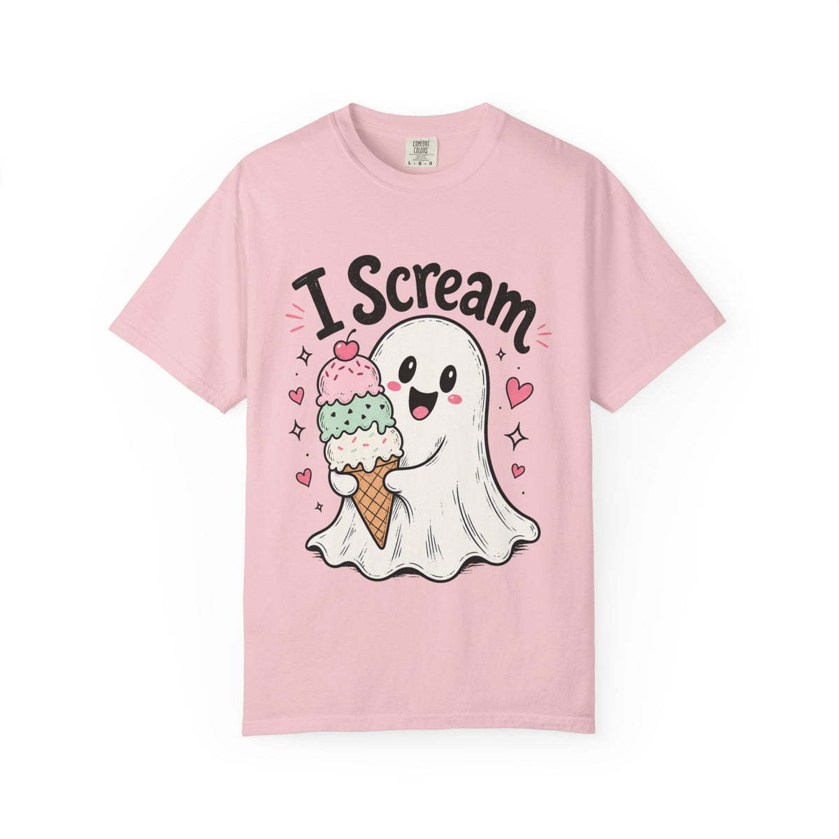 A pink short-sleeve crewneck t-shirt featuring a cute graphic of a ghost holding an ice cream cone with three colorful scoops of ice cream and black text that reads "I-Scream".