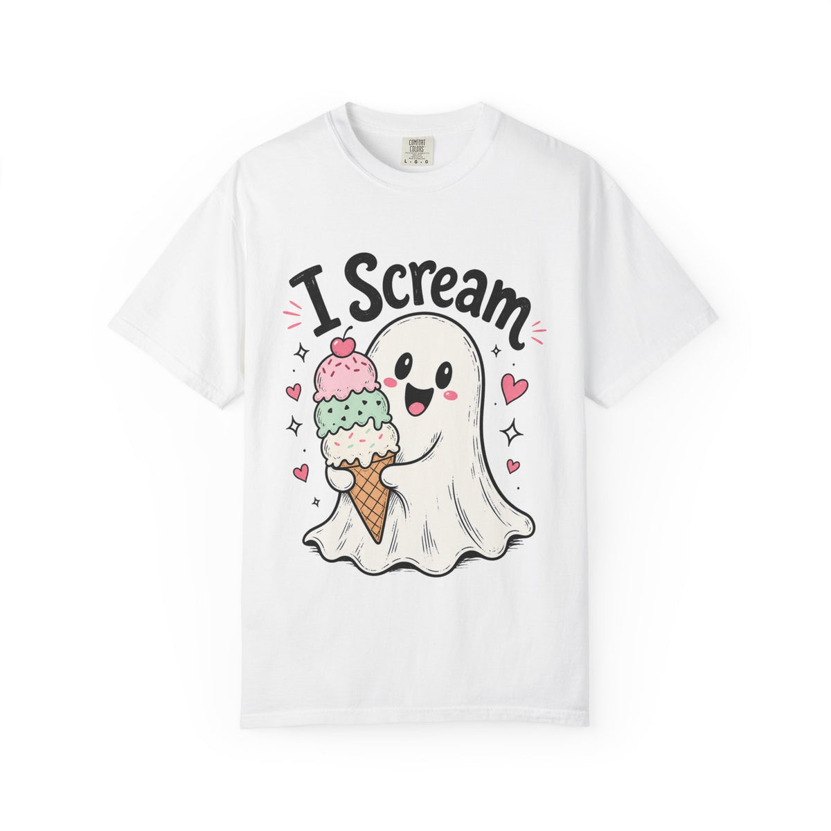 A white short-sleeve crewneck t-shirt featuring a cute graphic of a ghost holding an ice cream cone with three colorful scoops of ice cream and black text that reads "I-Scream".