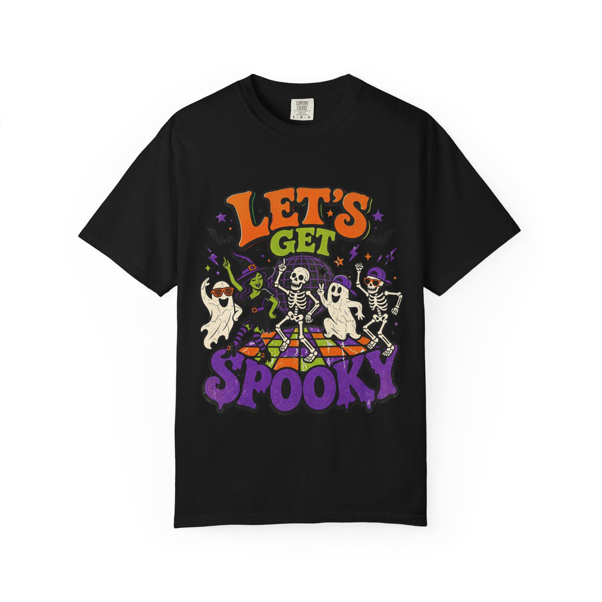 A black short-sleeve crewneck t-shirt featuring a colorful Halloween graphic on the front with the text 'LET'S GET SPOOKY' and cartoon ghosts, skeletons, a witch, and bats.