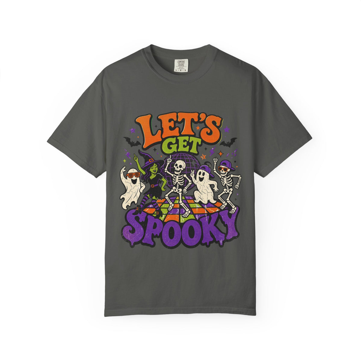A dark gray short-sleeve crewneck t-shirt featuring a colorful Halloween graphic on the front with the text 'LET'S GET SPOOKY' and cartoon ghosts, skeletons, a witch, and bats.