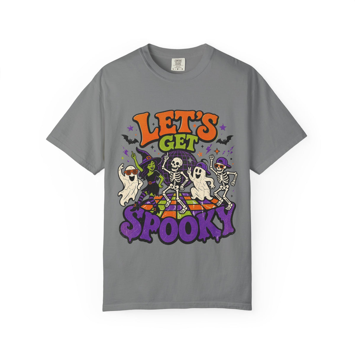 A gray short-sleeve crewneck t-shirt featuring a colorful Halloween graphic on the front with the text 'LET'S GET SPOOKY' and cartoon ghosts, skeletons, a witch, and bats.