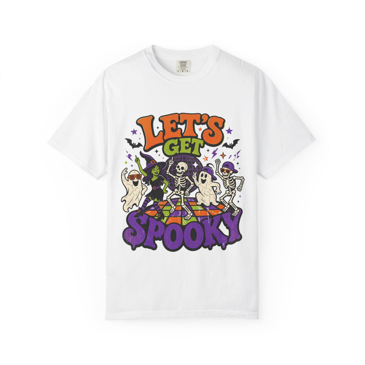 A white short-sleeve crewneck t-shirt featuring a colorful Halloween graphic on the front with the text 'LET'S GET SPOOKY' and cartoon ghosts, skeletons, a witch, and bats.