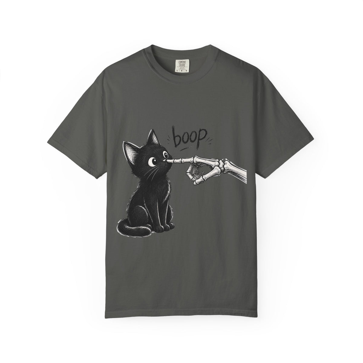 A dark gray short-sleeve crewneck t-shirt featuring a black graphic of a black cat being tapped by a skeletal hand with the word 'boop' written above, displayed on a clean dark gray background.