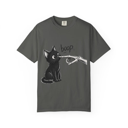 A dark gray short-sleeve crewneck t-shirt featuring a black graphic of a black cat being tapped by a skeletal hand with the word 'boop' written above, displayed on a clean dark gray background.
