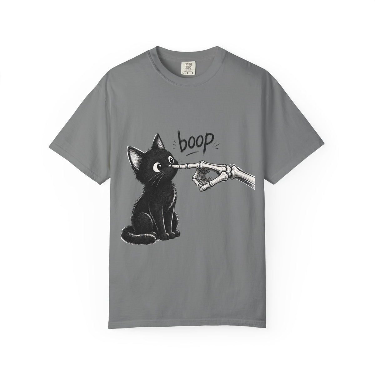 A gray short-sleeve crewneck t-shirt featuring a black graphic of a black cat being tapped by a skeletal hand with the word 'boop' written above, displayed on a clean gray background.