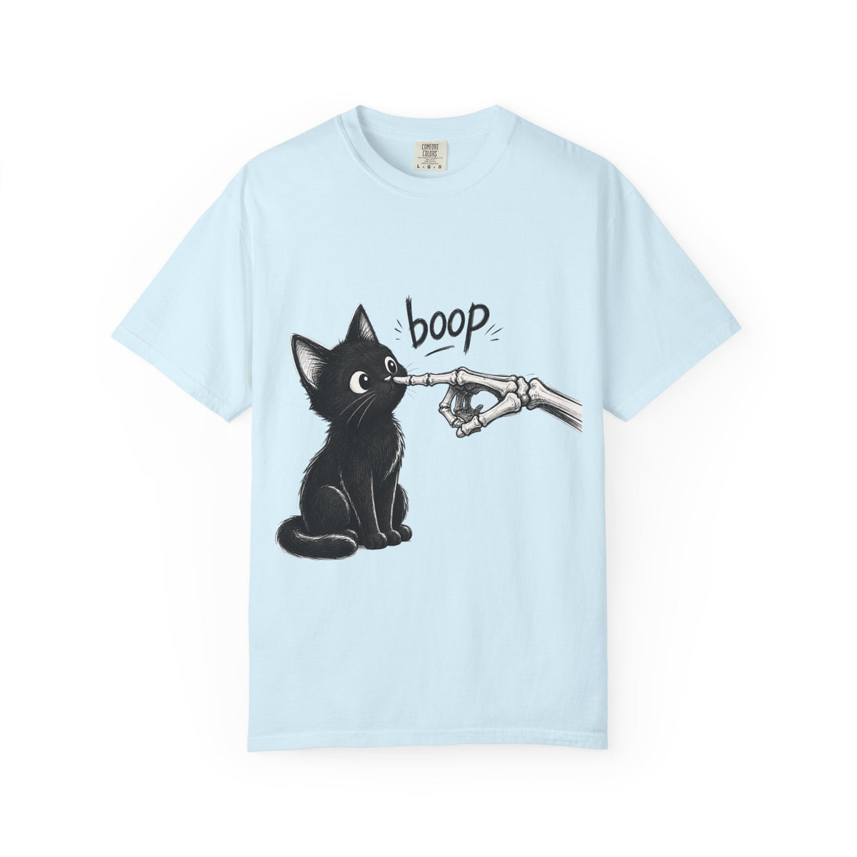 A icy short-sleeve crewneck t-shirt featuring a black graphic of a black cat being tapped by a skeletal hand with the word 'boop' written above, displayed on a clean icy blue background.
