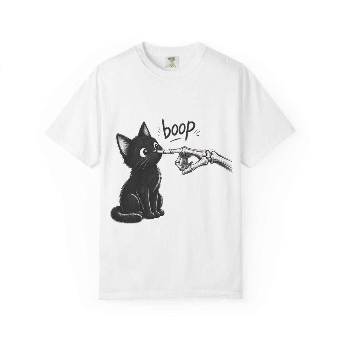 A white short-sleeve crewneck t-shirt featuring a black graphic of a black cat being tapped by a skeletal hand with the word 'boop' written above, displayed on a clean white background.