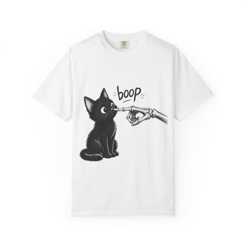 A white short-sleeve crewneck t-shirt featuring a black graphic of a black cat being tapped by a skeletal hand with the word 'boop' written above, displayed on a clean white background.