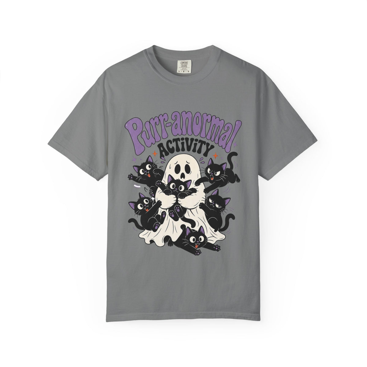 A gray short-sleeve crewneck t-shirt featuring a cartoon graphic of black cats, a skull, and a ghost with the text 'Purr-anormal! ACTIVITY' in purple and black.