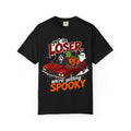 A black short-sleeve crewneck t-shirt featuring a colorful Halloween graphic on the front showing a red convertible car with ghosts, a pumpkin, and Frankenstein, with the text 'Get in LOSER, we're getting SPOOKY'.