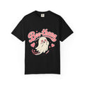 A black short-sleeve crewneck t-shirt featuring a cartoon graphic of a ghost with pink hearts and the word 'Boo-thang' in pink script across the chest.