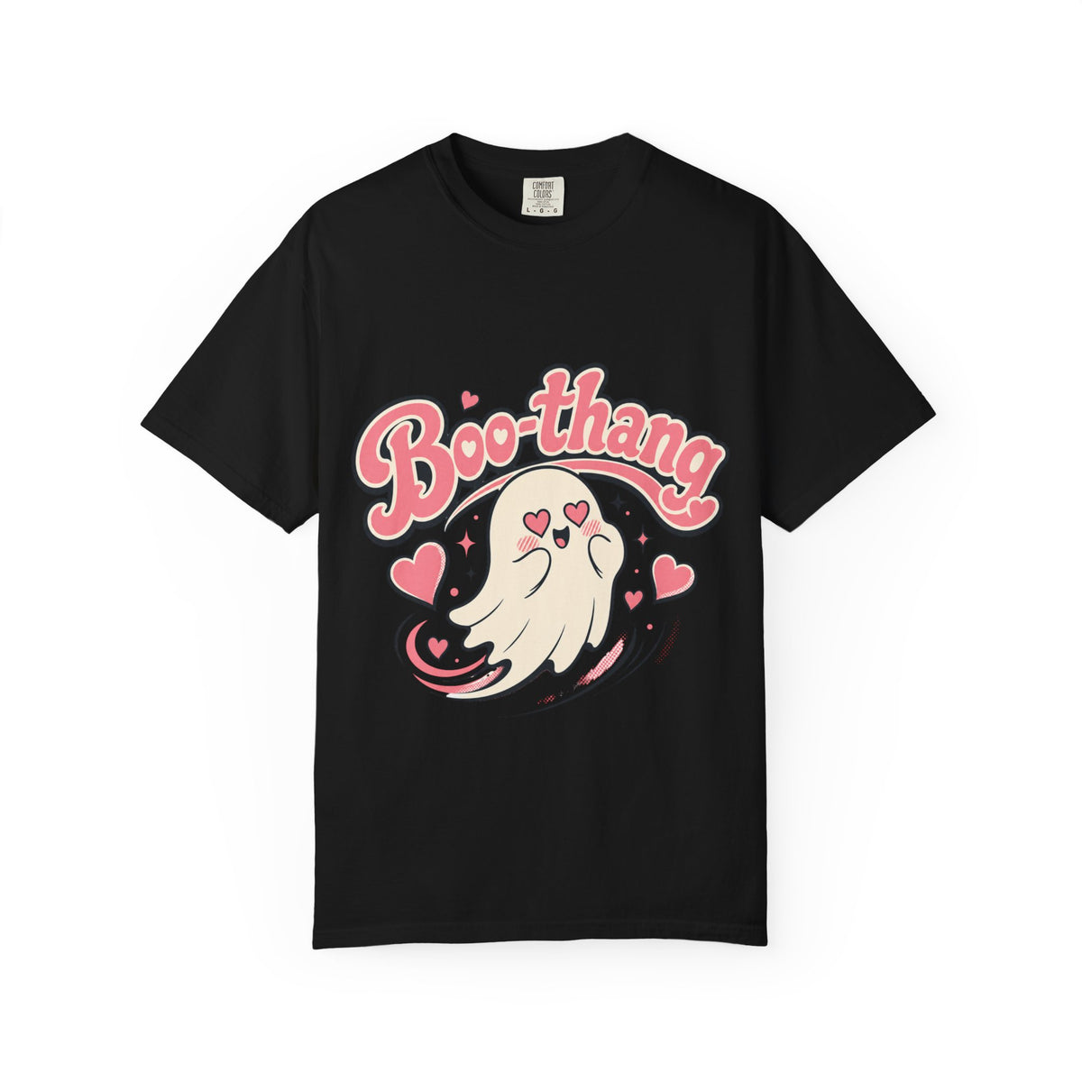 A black short-sleeve crewneck t-shirt featuring a cartoon graphic of a ghost with pink hearts and the word 'Boo-thang' in pink script across the chest.