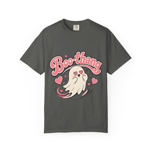 A dark gray short-sleeve crewneck t-shirt featuring a cartoon graphic of a ghost with pink hearts and the word 'Boo-thang' in pink script across the chest.