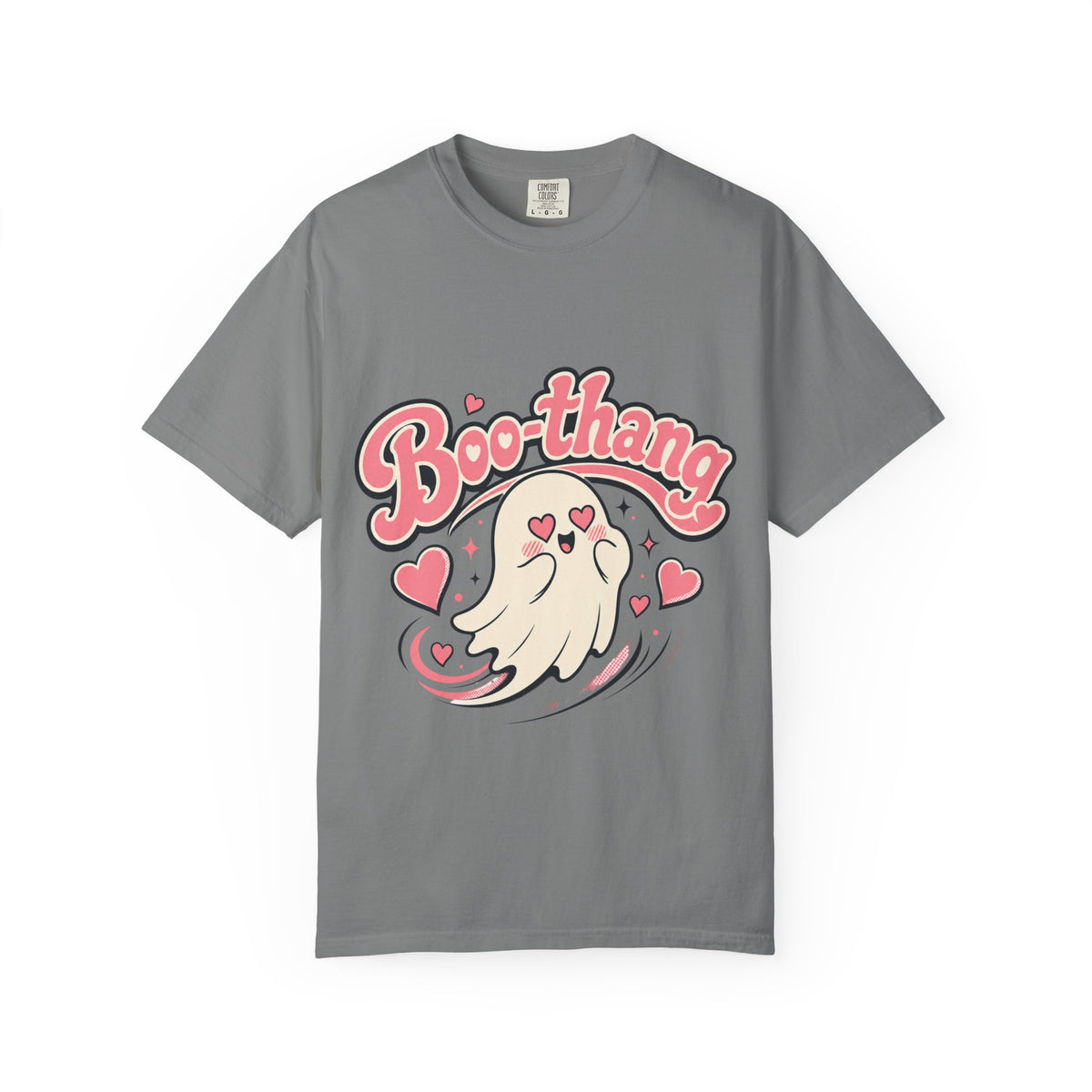 A gray short-sleeve crewneck t-shirt featuring a cartoon graphic of a ghost with pink hearts and the word 'Boo-thang' in pink script across the chest.