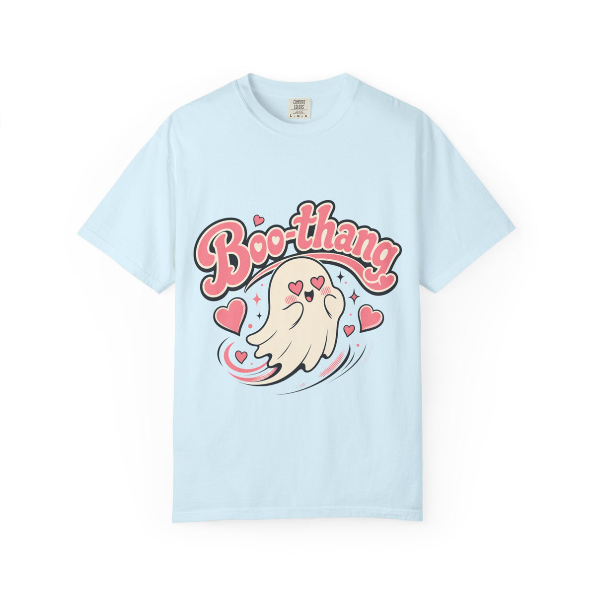 A light blue short-sleeve crewneck t-shirt featuring a cartoon graphic of a ghost with pink hearts and the word 'Boo-thang' in pink script across the chest.
