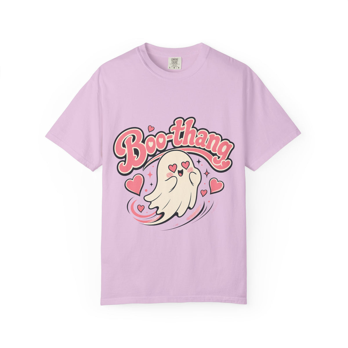 A light purple short-sleeve crewneck t-shirt featuring a cartoon graphic of a ghost with pink hearts and the word 'Boo-thang' in pink script across the chest.