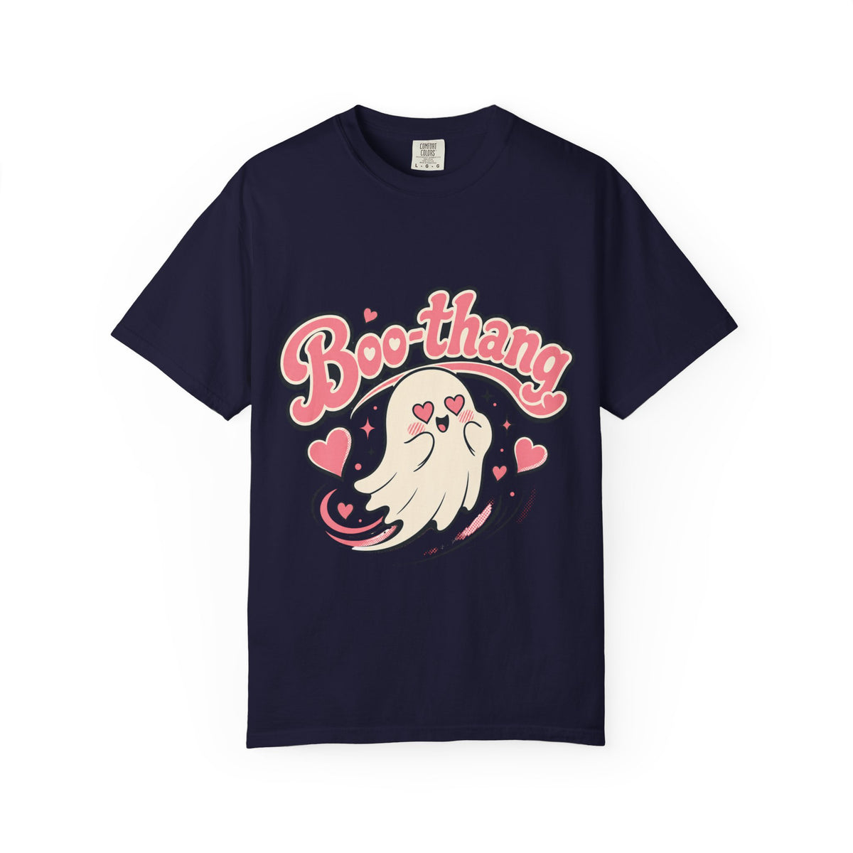 A navy short-sleeve crewneck t-shirt featuring a cartoon graphic of a ghost with pink hearts and the word 'Boo-thang' in pink script across the chest.