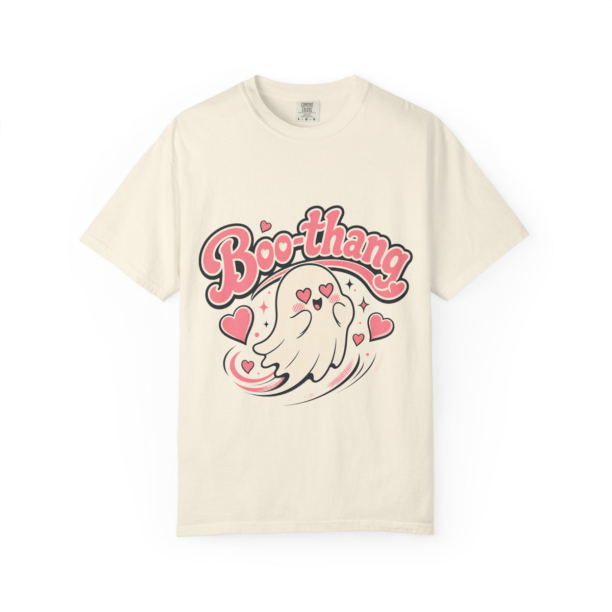 An off-white short-sleeve crewneck t-shirt featuring a cartoon graphic of a ghost with pink hearts and the word 'Boo-thang' in pink script across the chest.