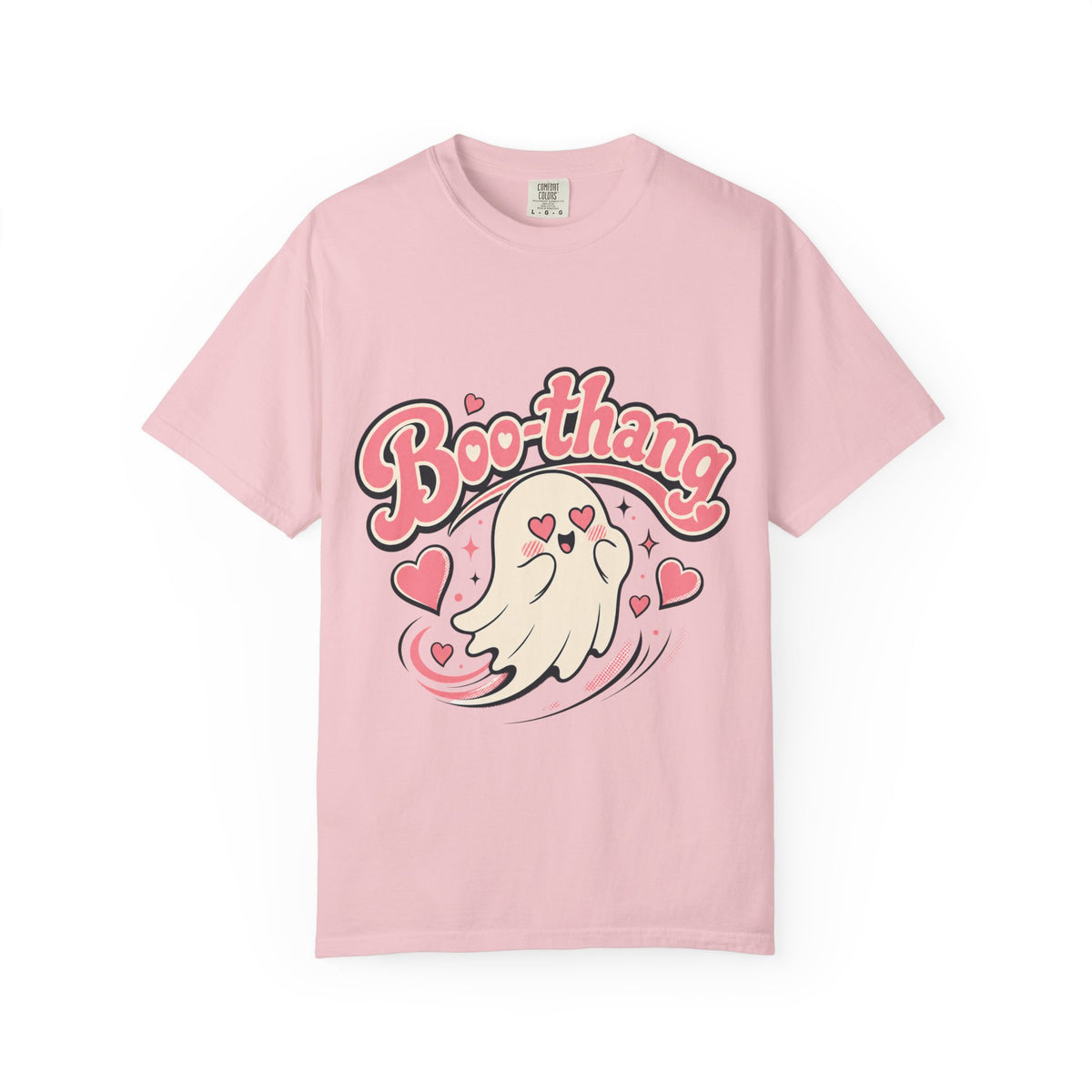 A pink short-sleeve crewneck t-shirt featuring a cartoon graphic of a ghost with pink hearts and the word 'Boo-thang' in pink script across the chest.