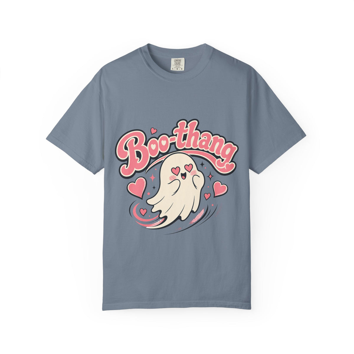 A slate blue short-sleeve crewneck t-shirt featuring a cartoon graphic of a ghost with pink hearts and the word 'Boo-thang' in pink script across the chest.