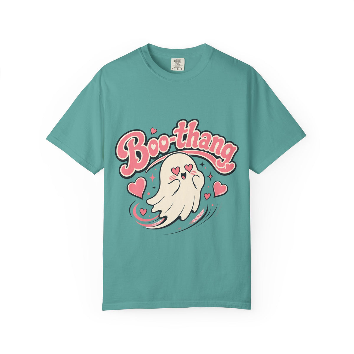 A teal short-sleeve crewneck t-shirt featuring a cartoon graphic of a ghost with pink hearts and the word 'Boo-thang' in pink script across the chest.