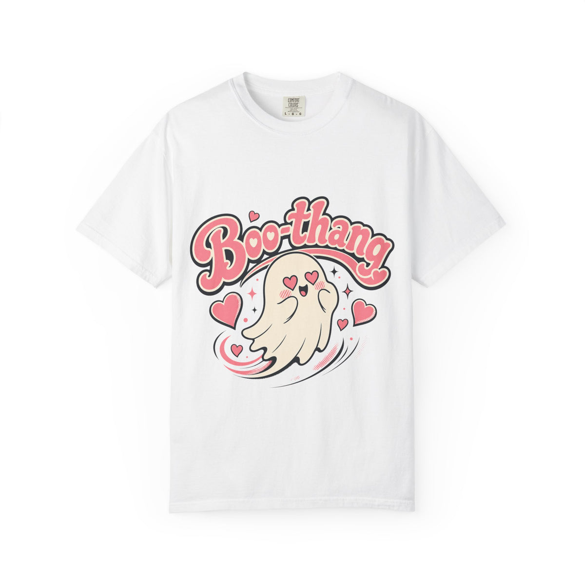 A white short-sleeve crewneck t-shirt featuring a cartoon graphic of a ghost with pink hearts and the word 'Boo-thang' in pink script across the chest.