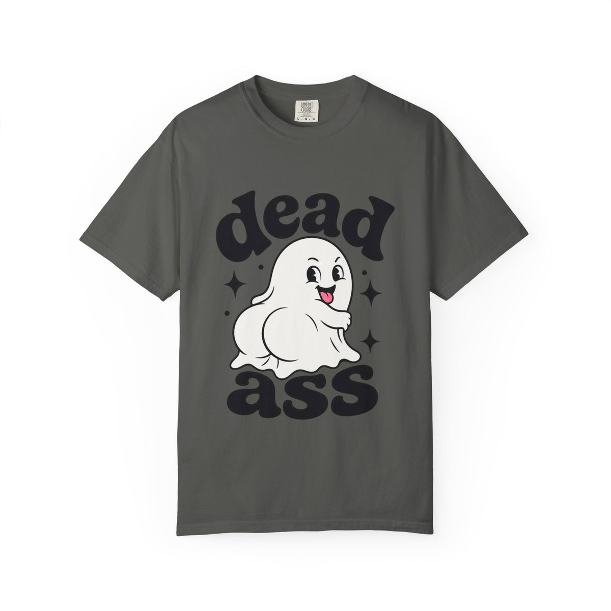 A dark gray short-sleeve crewneck t-shirt featuring a playful graphic with a smiling cartoon ghost, bold black "Dead Ass" letting, and decorative stars in a retro-inspired design.