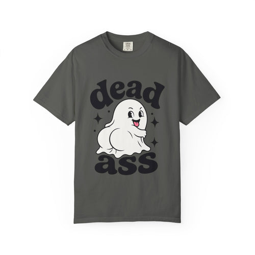 A dark gray short-sleeve crewneck t-shirt featuring a playful graphic with a smiling cartoon ghost, bold black "Dead Ass" letting, and decorative stars in a retro-inspired design.