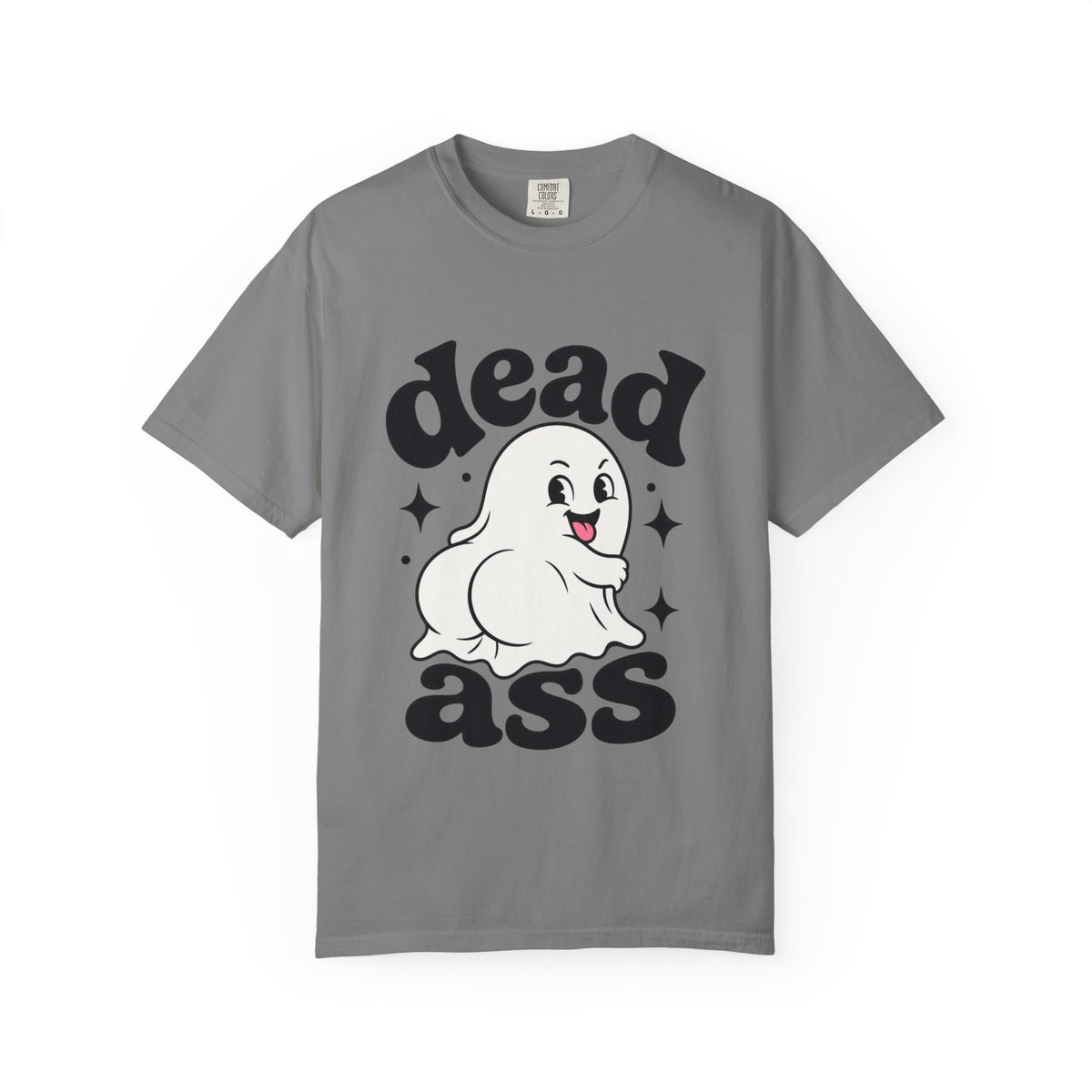 A gray short-sleeve crewneck t-shirt featuring a playful graphic with a smiling cartoon ghost, bold black "Dead Ass" letting, and decorative stars in a retro-inspired design.