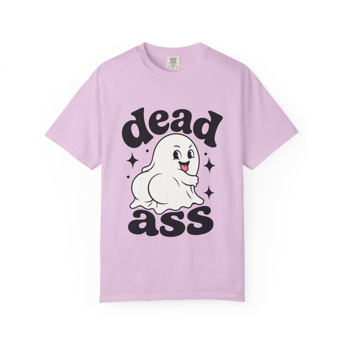 A light purple short-sleeve crewneck t-shirt featuring a playful graphic with a smiling cartoon ghost, bold black "Dead Ass" letting, and decorative stars in a retro-inspired design.