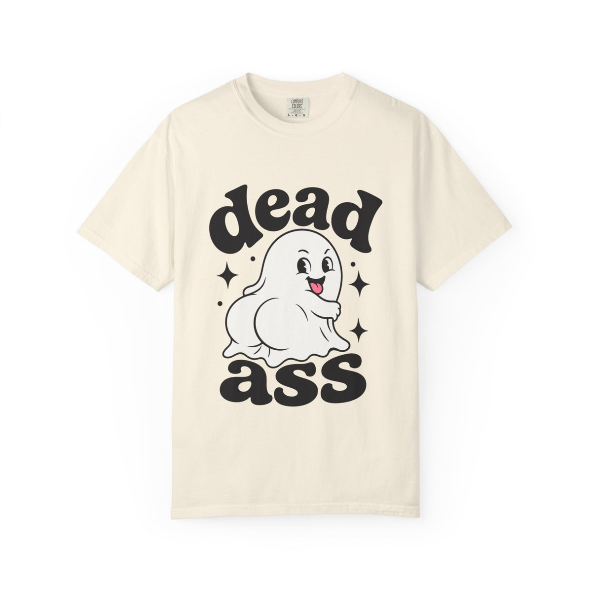 An off-white short-sleeve crewneck t-shirt featuring a playful graphic with a smiling cartoon ghost, bold black "Dead Ass" letting, and decorative stars in a retro-inspired design.