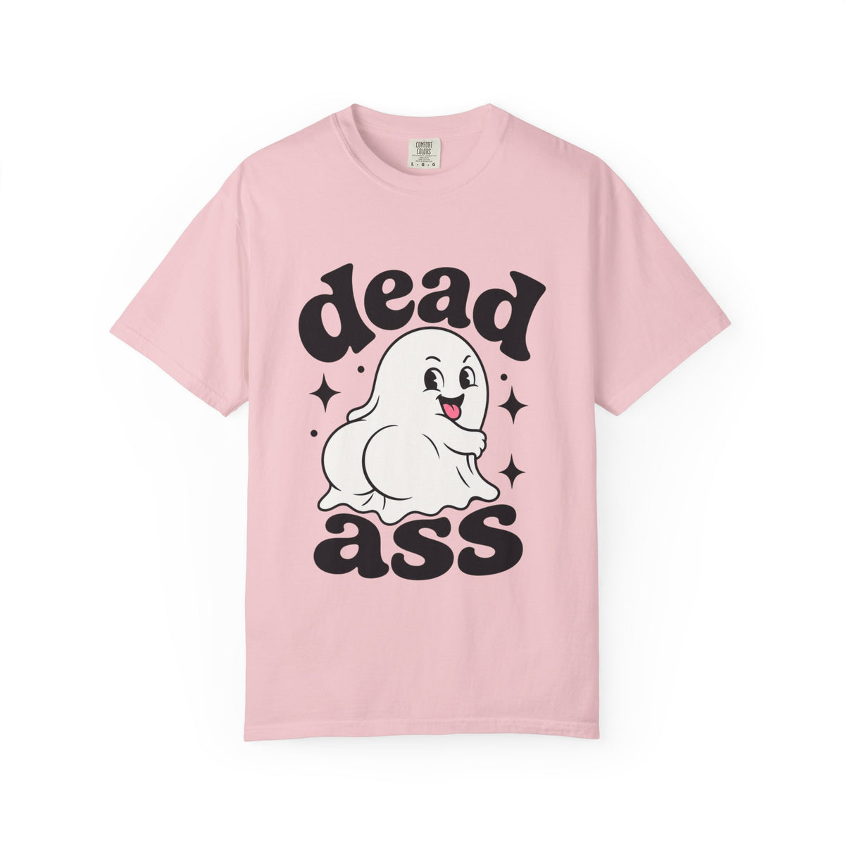 A pink short-sleeve crewneck t-shirt featuring a playful graphic with a smiling cartoon ghost, bold black "Dead Ass" letting, and decorative stars in a retro-inspired design.