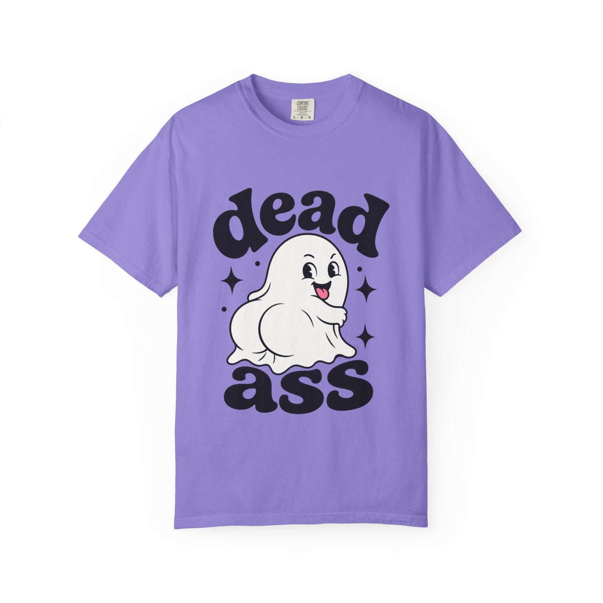 A purple short-sleeve crewneck t-shirt featuring a playful graphic with a smiling cartoon ghost, bold black "Dead Ass" letting, and decorative stars in a retro-inspired design.