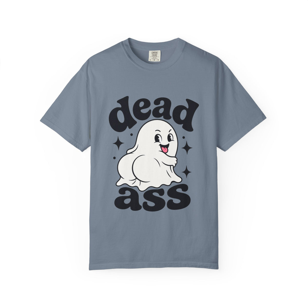 A slate blue short-sleeve crewneck t-shirt featuring a playful graphic with a smiling cartoon ghost, bold black "Dead Ass" letting, and decorative stars in a retro-inspired design.