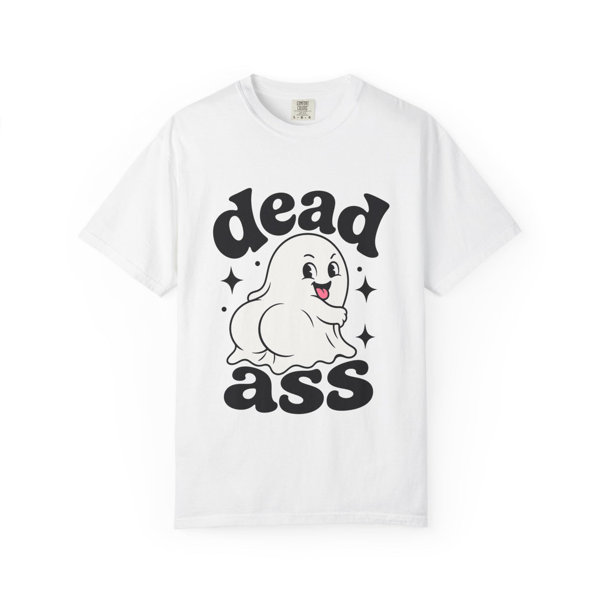 A white short-sleeve crewneck t-shirt featuring a playful graphic with a smiling cartoon ghost, bold black "Dead Ass" letting, and decorative stars in a retro-inspired design. 