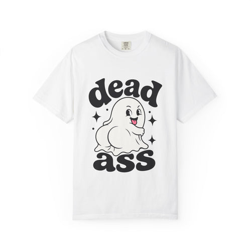 A white short-sleeve crewneck t-shirt featuring a playful graphic with a smiling cartoon ghost, bold black "Dead Ass" letting, and decorative stars in a retro-inspired design. 