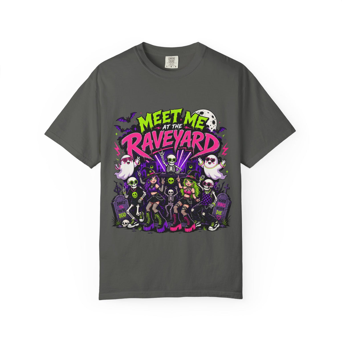 A dark gray short-sleeve crewneck t-shirt featuring a colorful graphic print on the front with the text 'MEET ME AT THE RAVEYARD' and a group of cartoon-style gothic characters.