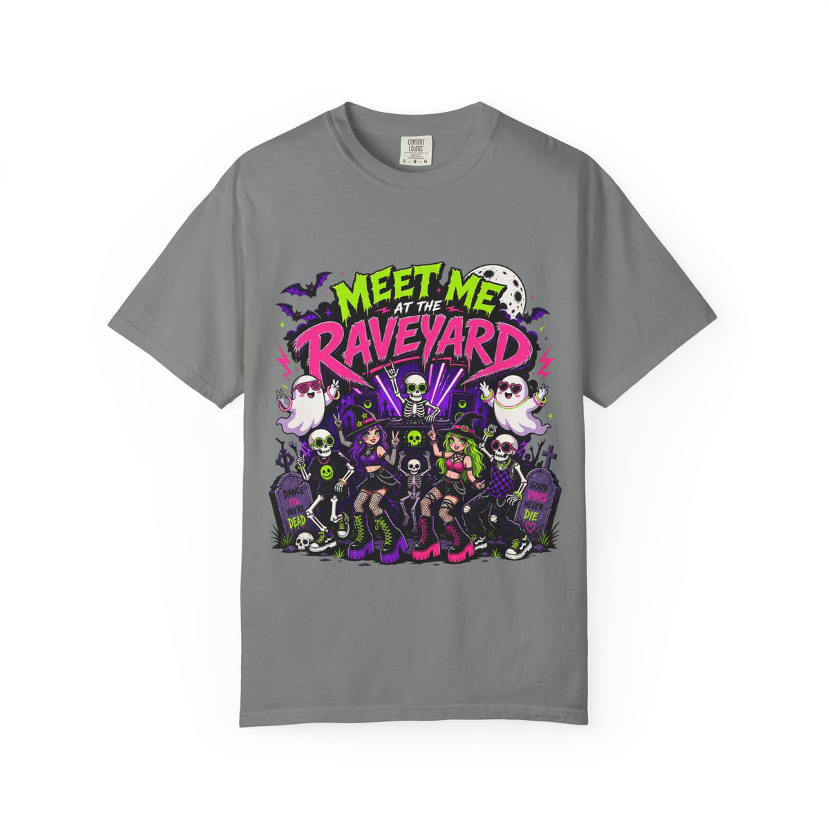 A gray short-sleeve crewneck t-shirt featuring a colorful graphic print on the front with the text 'MEET ME AT THE RAVEYARD' and a group of cartoon-style gothic characters.