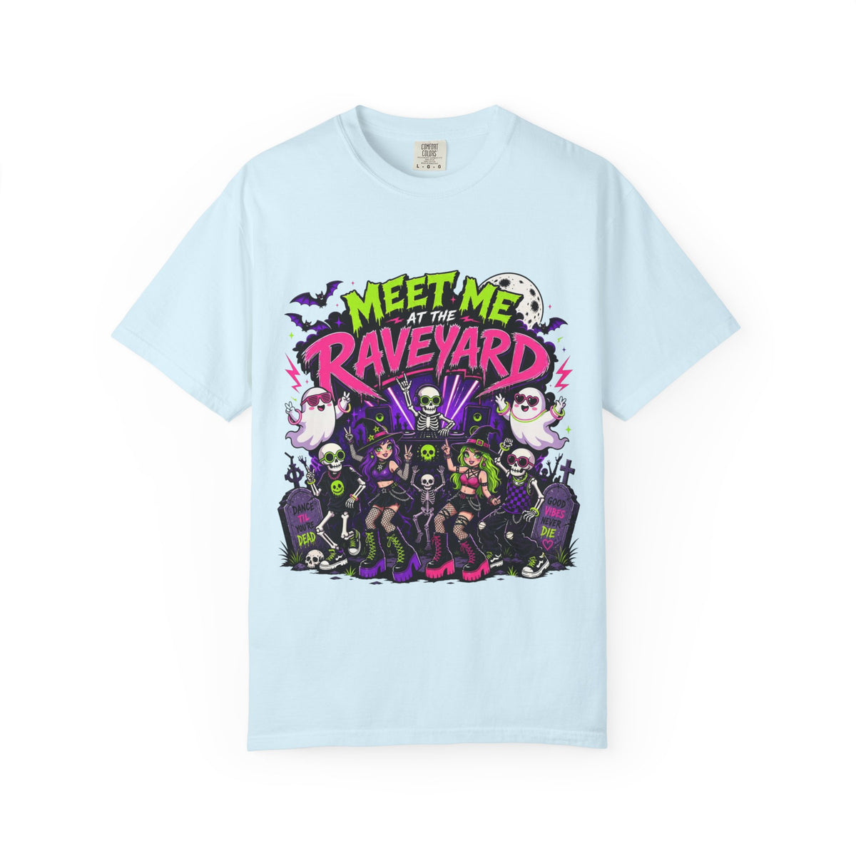 A light blueshort-sleeve crewneck t-shirt featuring a colorful graphic print on the front with the text 'MEET ME AT THE RAVEYARD' and a group of cartoon-style gothic characters.