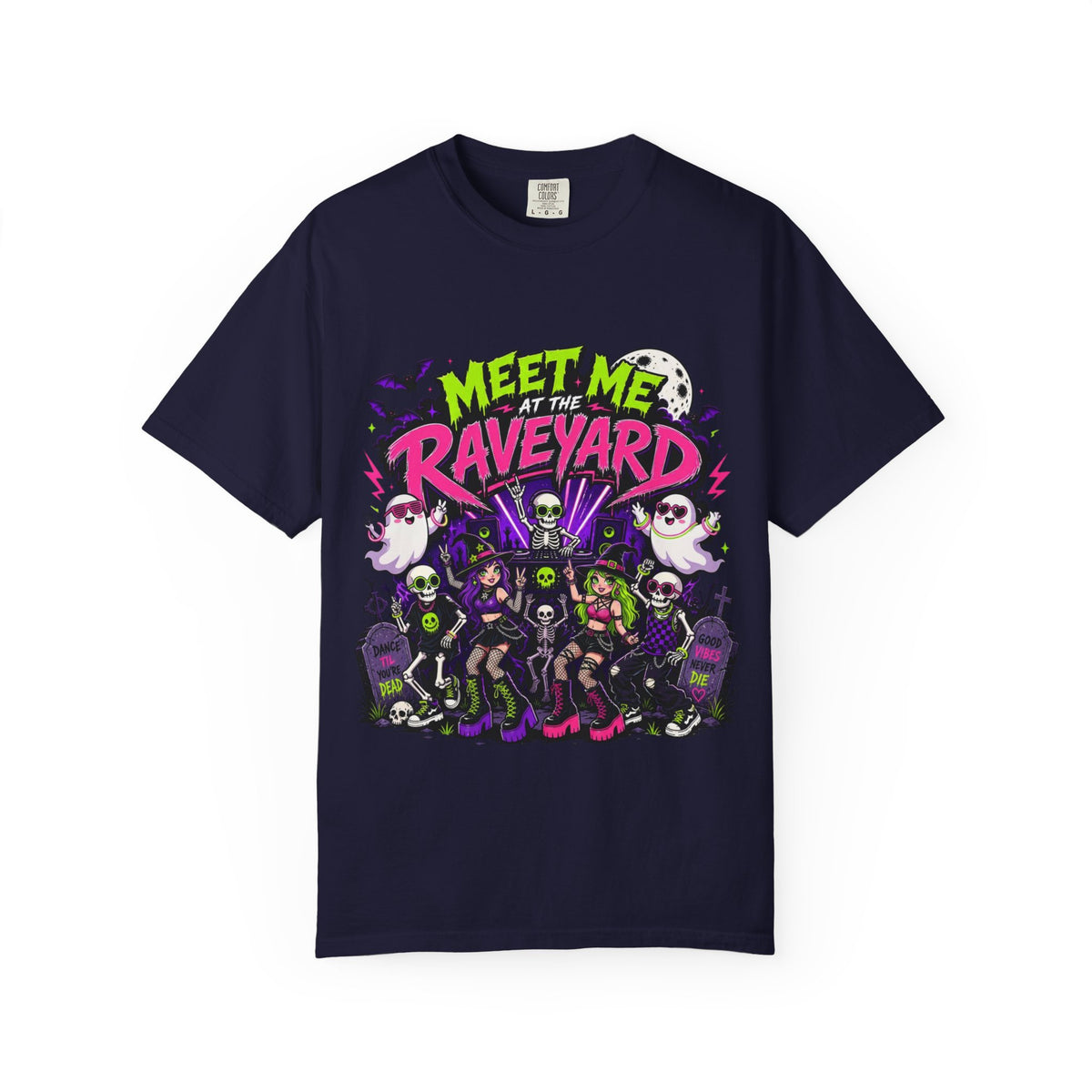 A navy blue short-sleeve crewneck t-shirt featuring a colorful graphic print on the front with the text 'MEET ME AT THE RAVEYARD' and a group of cartoon-style gothic characters.