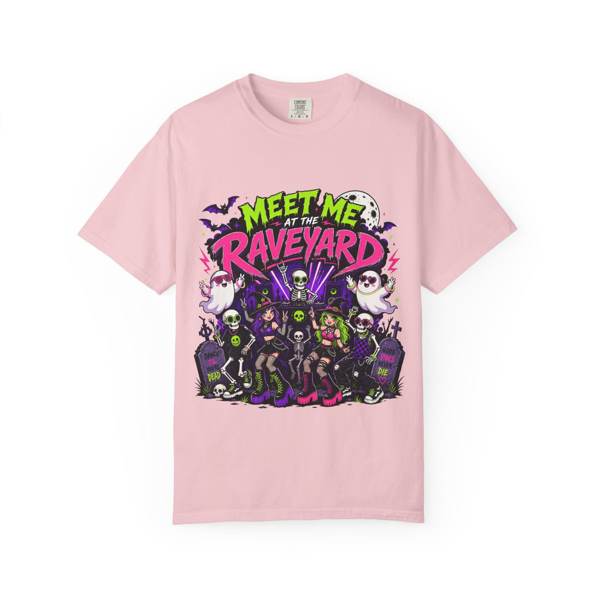 A pink short-sleeve crewneck t-shirt featuring a colorful graphic print on the front with the text 'MEET ME AT THE RAVEYARD' and a group of cartoon-style gothic characters.