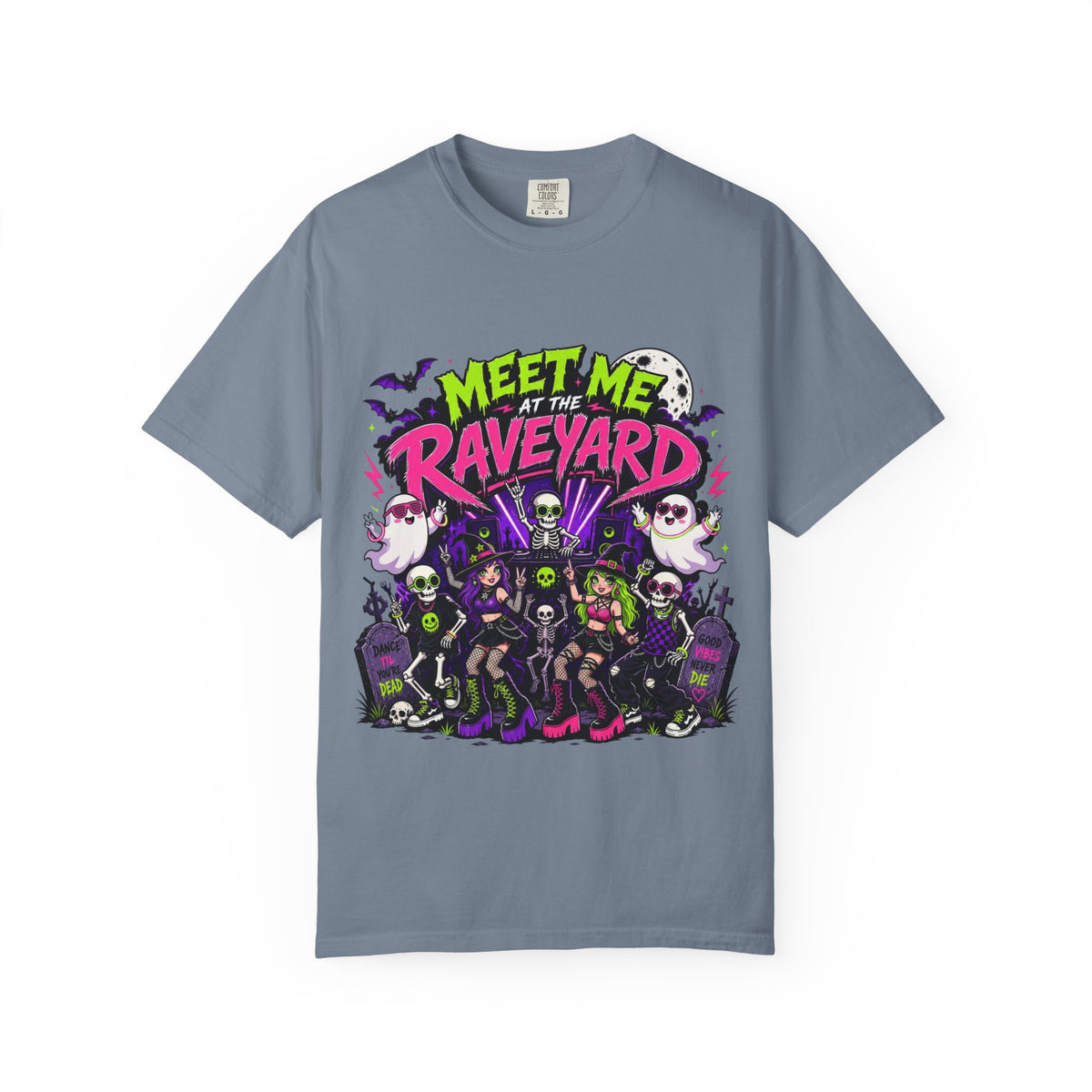 A slate blue short-sleeve crewneck t-shirt featuring a colorful graphic print on the front with the text 'MEET ME AT THE RAVEYARD' and a group of cartoon-style gothic characters.